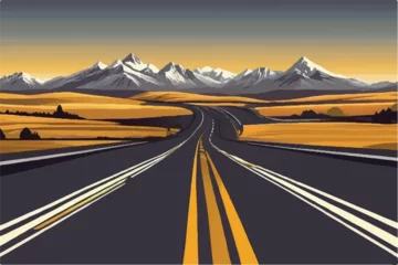 Poster Road landscape View. Beautiful Landscape showing view of a road leading to city and hills. Landscape of a highway with mountains in the background. vacation trip. Vector Illustration. © Usama