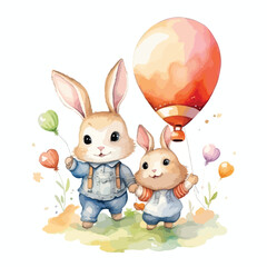 Watercolor cute couple rabbit flying with hot air balloon 