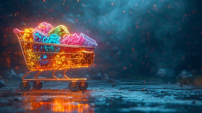 Glowing Neon Shopping Cart Generative AI