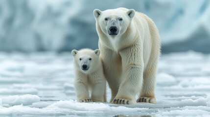 Polar Bear and Cub on Arctic Ice: A touching moment captured in the Arctic, featuring a polar bear and its cub navigating icy terrain. - obrazy, fototapety, plakaty