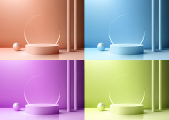 3D realistic vibrant podium set against a transparent glass backdrop, creating a modern interior concept mockup
