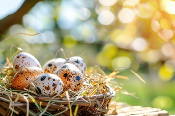 Obraz premium Happy Easter Eggs Basket forsythias. Bunny in flower easter fritillaries decoration Garden. Cute hare 3d sentimental card easter rabbit spring illustration. Holy week Rose Mist card wallpaper Text box