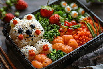 日本のお弁当。動物モチーフのかわいい犬のデコ弁、キャラ弁はお花見やレジャーに作る。