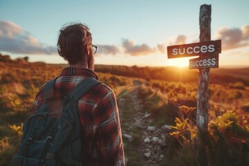 a person standing confidently in front of a signpost labeled "success" symbolizing the clear direction and purpose guiding decision-making in the business