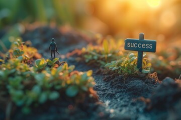the clarity of vision with an image of a person standing confidently in front of a signpost labeled "success" symbolizing the clear direction and purpose guiding decision-making in the businesS