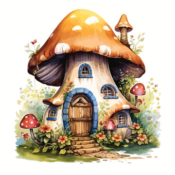 Watercolor hand painted cute hobbit house
