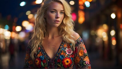 Beautiful blonde woman with freckles, wearing a colorful, vibrant, detailed embroidered dress, medium-full shot, at night