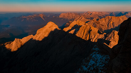 Alpine sunset or sundowner at Mount Zugspitze, Top of Germany, Garmisch-Partenkirchen, Bavaria, Germany