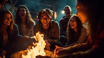 A group of young people sit around a campfire and celebrate - obrazy, fototapety, plakaty