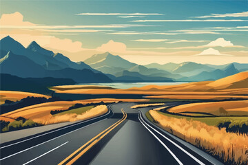 Beautiful Road landscape Background. Beautiful Landscape showing view of a road leading to city and hills. Landscape of a highway with mountains in the background. vacation trip. Vector Illustration. - obrazy, fototapety, plakaty