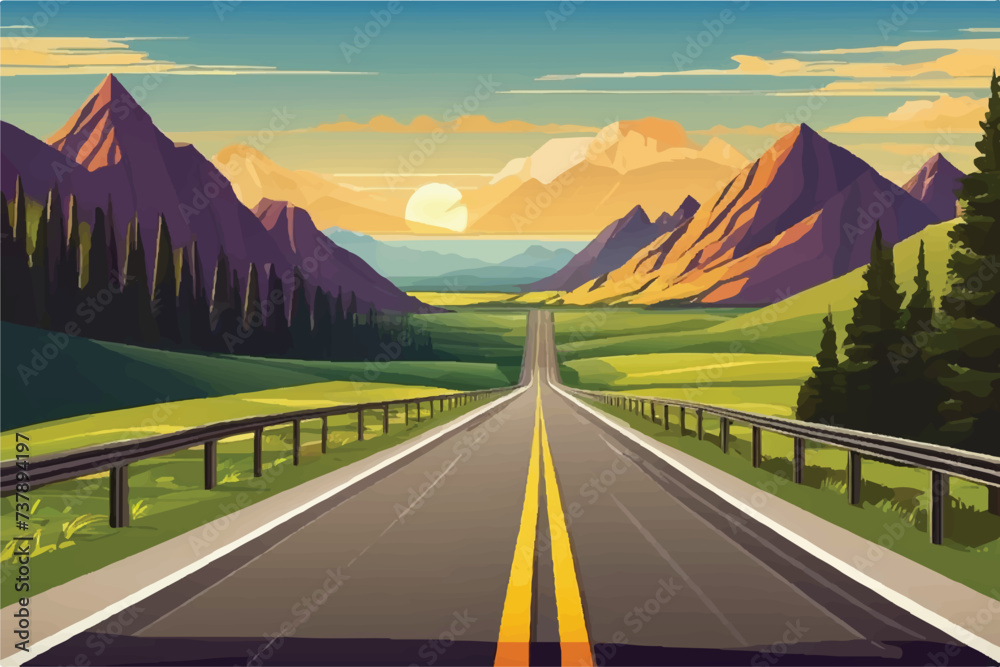 Wall mural Beautiful Road landscape Background. Beautiful Landscape showing view of a road leading to city and hills. Landscape of a highway with mountains in the background. vacation trip. Vector Illustration.