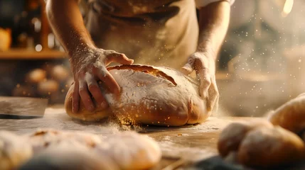 Zelfklevend Fotobehang Baker prepares fresh bread in the bakery © Wolfilser