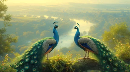 Foto op Plexiglas Peacocks in Paradise A Serene Scene of Two Blue Peacocks on a Hill Generative AI © Riya