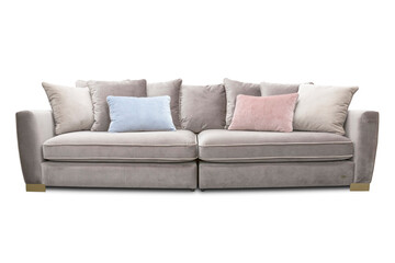 Beige large sofa on white background.