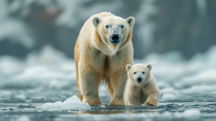 Polar Bear and Cub on Arctic Ice: A touching moment captured in the Arctic, featuring a polar bear and its cub navigating icy terrain.