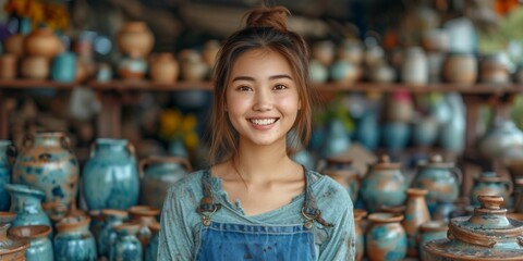 A successful and smiling Asian woman, a business owner in a market, with a focus on pottery and ceramics.