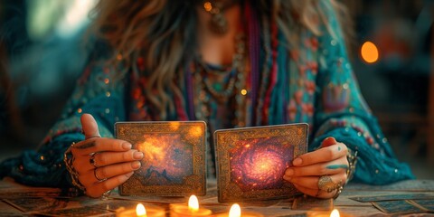 A woman practices divination with candles, tarot cards, and magical symbols. - obrazy, fototapety, plakaty