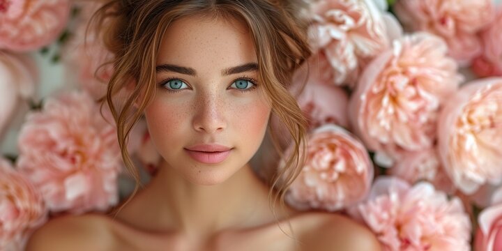 An elegant portrait of a young woman with luxurious hair, adorned with flowers, exuding bridal beauty.