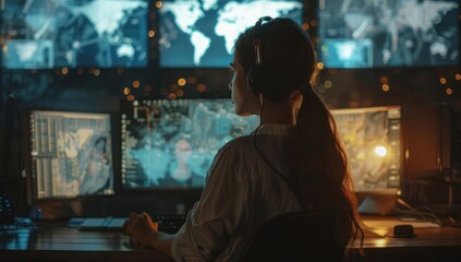 Woman sits engrossed before network of screens eyes reflecting intricate web of technology amidst dark room focus is unyielding navigates vast expanse of cyberspace