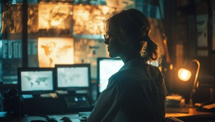 Woman sits engrossed before network of screens eyes reflecting intricate web of technology amidst dark room focus is unyielding navigates vast expanse of cyberspace
