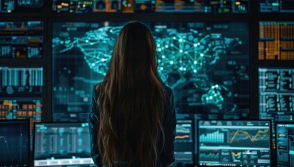 Woman sits engrossed before network of screens eyes reflecting intricate web of technology amidst dark room focus is unyielding navigates vast expanse of cyberspace