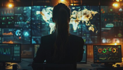Woman sits engrossed before network of screens eyes reflecting intricate web of technology amidst dark room focus is unyielding navigates vast expanse of cyberspace