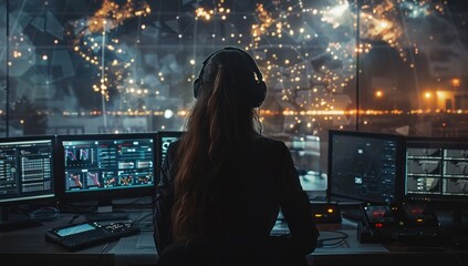 Woman sits engrossed before network of screens eyes reflecting intricate web of technology amidst dark room focus is unyielding navigates vast expanse of cyberspace