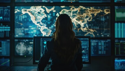 Woman sits engrossed before network of screens eyes reflecting intricate web of technology amidst dark room focus is unyielding navigates vast expanse of cyberspace