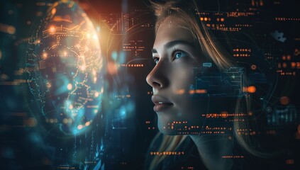 Woman sits engrossed before network of screens eyes reflecting intricate web of technology amidst dark room focus is unyielding navigates vast expanse of cyberspace