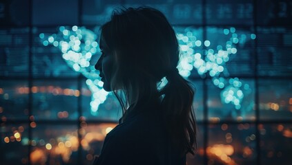 Woman sits engrossed before network of screens eyes reflecting intricate web of technology amidst dark room focus is unyielding navigates vast expanse of cyberspace