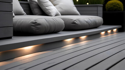 Elevate Your Landscape: Ash Grey Composite Decking with Minimalist Sofa and Integrated Lighting