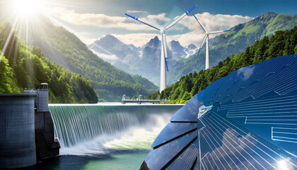 Renewable Energies Concept. Sunlight with solar panels. Wind with wind turbines. Rain and water with dam for hydropower. Generative Ai. - obrazy, fototapety, plakaty