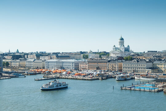 Helsinki, Finland - 12 June 2023: panorama of the Market Square Kauppatori in the port of Helsinki. Aerial view from sea.