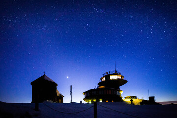 Meteorological Observatory on Śnieżka at night, Poland. - 737895556