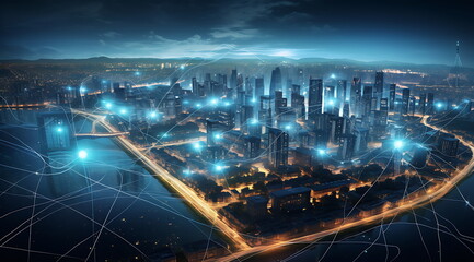 Fototapeta premium an image of a city nightscape with a network connection, generative ai