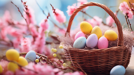 Kolorowe jasne tło na życzenia Wielkanocne. Alleluja - Wesołych świąt Wielkiej Nocy. Jajka,...
