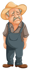 Cartoon of a tired, old farmer standing solemnly