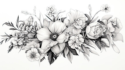 Black and white flowers Sketch. isolated on white background