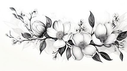Black and white flowers Sketch. isolated on white background