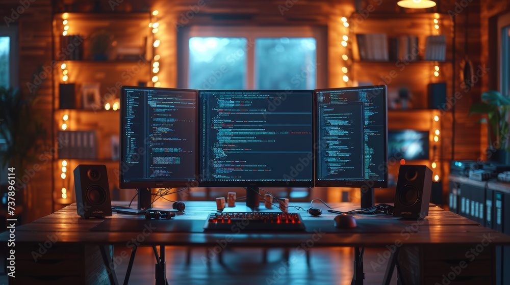 Poster The development of programming and coding technologies. The design of websites. The employment of a programmer in the office of a software development company.