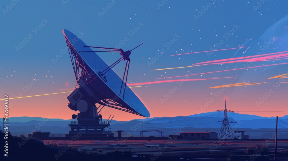 Aufkleber The large satellite dish transmits and receives a signal from space. The radio signal propagates waves in space. linear technological background.