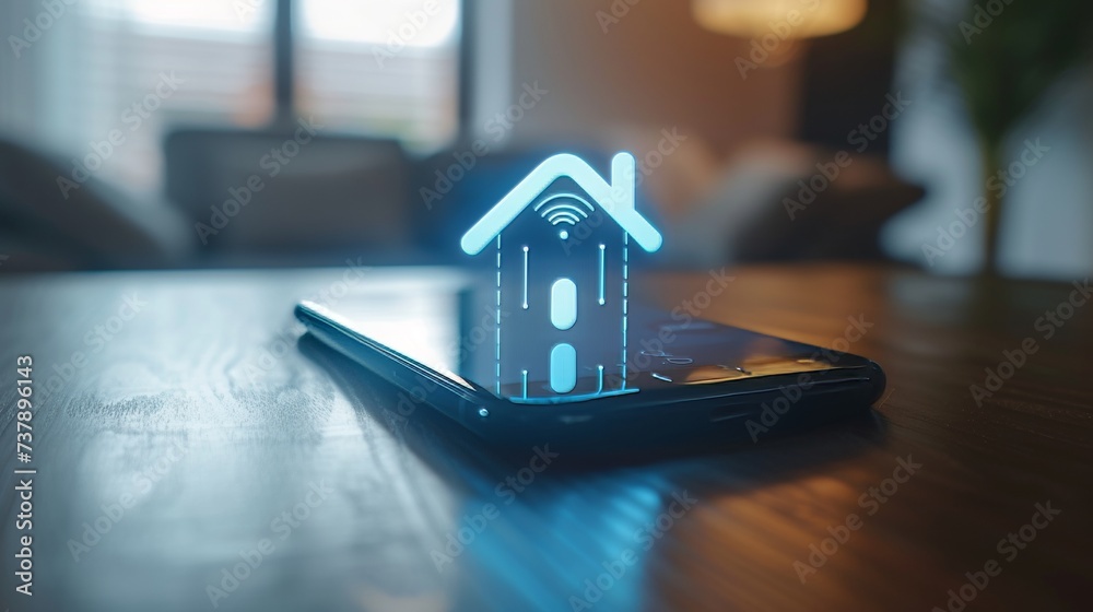 Leinwandbilder Concept of Internet of Things using smart phone and voice commands to control devices in smart home. Smartphone with digital logo stands on iot icons.