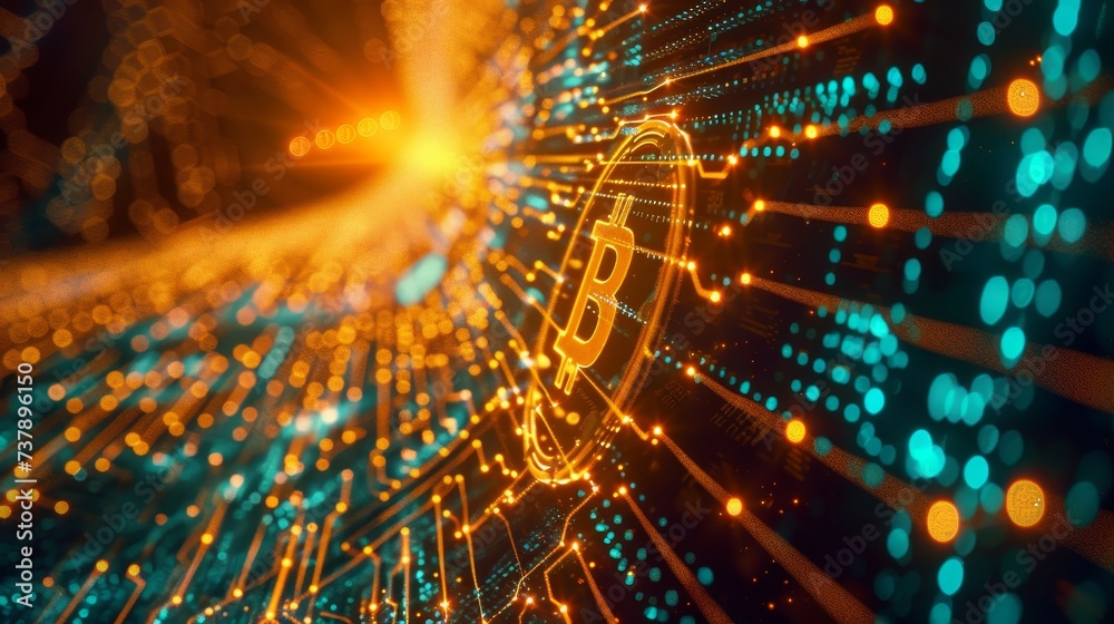 Poster Bitcoin blockchain concept illustration. Fintech technology abstract background.