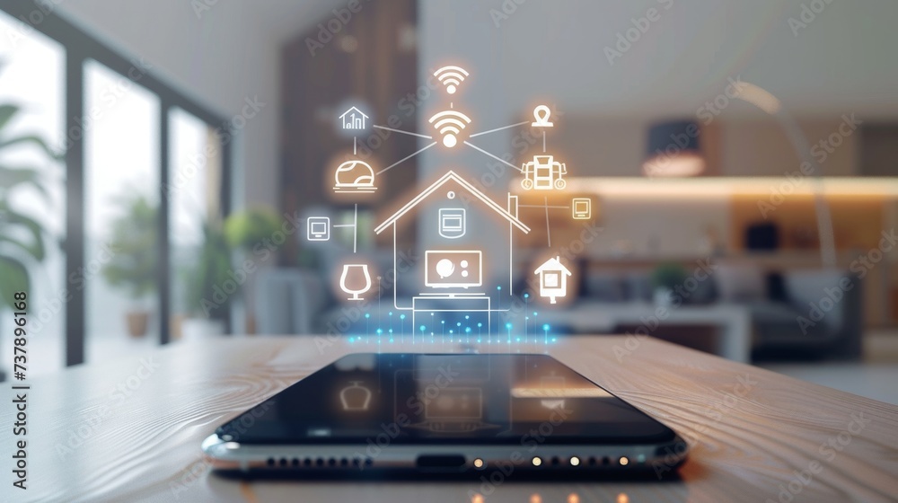 Fototapete Smartphone with digital logo smart home icon. Smart phone controls devices of smart home via wireless connection and voice commands. Internet of things concept.