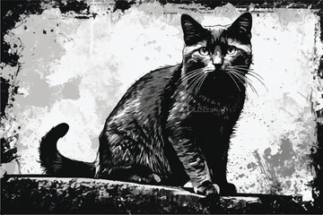 Cute cat illustration. Cute cat face. Cat illustration background. Cat in black and white grunge background.
