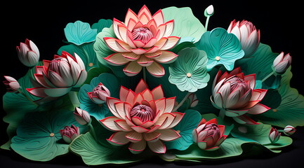 pink paper bloom lotus with green leaves, generative ai