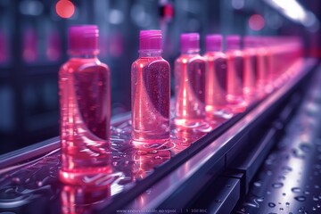 Pink plastic bottles moving on conveyor belt in factory
