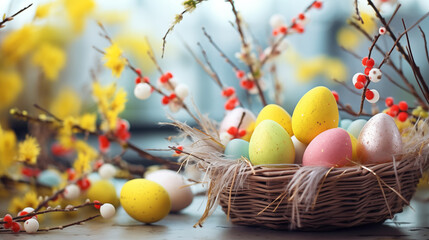 Kolorowe jasne tło na życzenia Wielkanocne. Alleluja - Wesołych świąt Wielkiej Nocy. Jajka, kwiaty i inne wiosenne dekoracje.