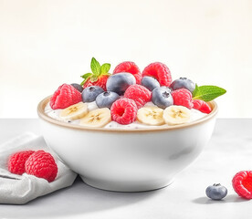 Granola and dairy product with banana, blueberry and raspberry on a white isolated background. Generated AI.