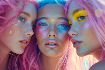 Obraz premium Portrait of three beautiful girls with pink hair on a blue background. Bright and fashionable teenager girls. Hipster with pink dyed hair with bright makeup. Stylish modern fashionable trendy girls. 